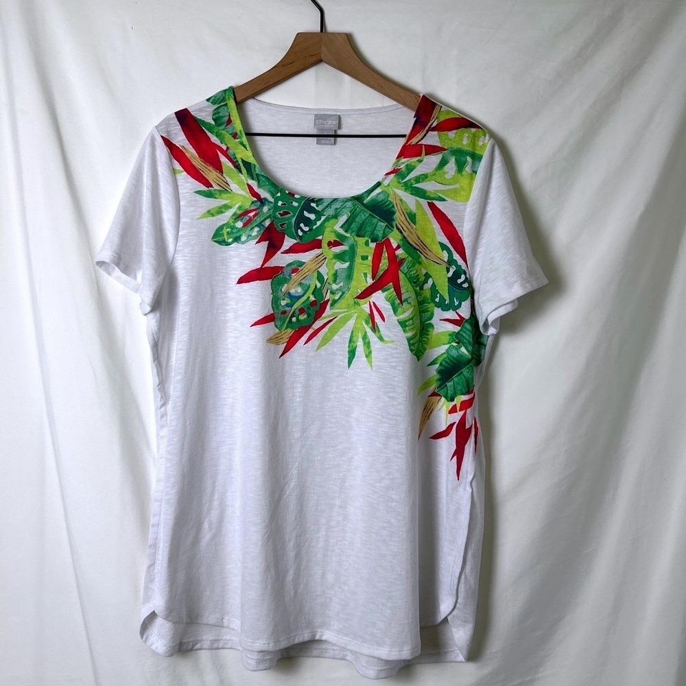 Chicos Zenergy Womens Tropical Slub Knit Tee White Size 2/L Vacation Resortwear